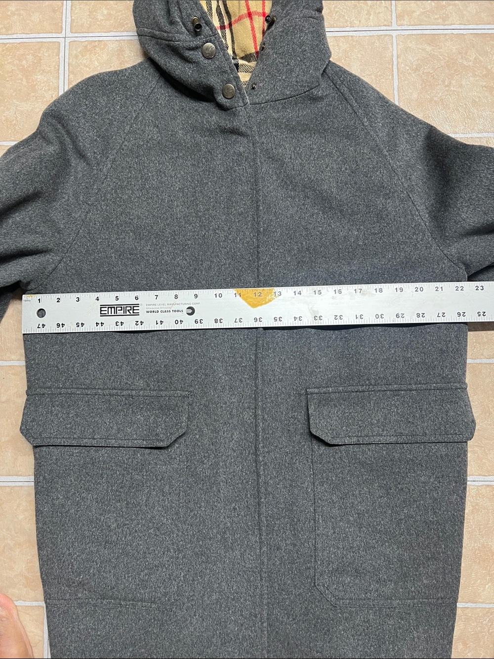 Burberry Gray Wool Pea Coat with Beige Check Lining - Picture 9 of 10